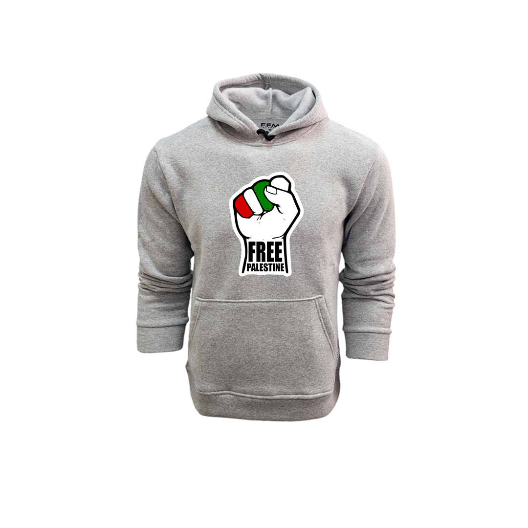 FFMİSTANBUL%203%20İPLİK%20ÖZGÜR%20FİLİSTİN%20YUMRUK%20BASKILI%20GRİ%20SWEATSHIRT