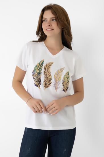 A&B FASHION DESIGN Pul Payet Tüy Desenli Beyaz T-shirt