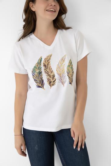 A&B FASHION DESIGN Pul Payet Tüy Desenli Beyaz T-shirt