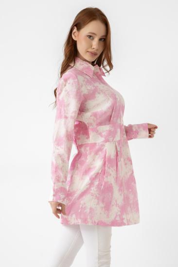 A&B FASHION DESIGN Mısra Bel Vurgulu Batik Desen Pembe Tunik