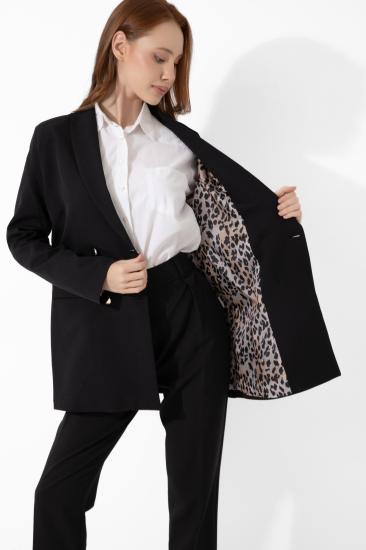 A&B FASHION DESIGN Mısra Leopar Detaylı Siyah Blazer Ceket 