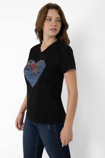 A&B FASHION DESIGN Kalp Nakışlı Siyah T-shirt