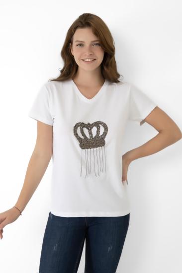 A&B FASHION DESIGN Taşlı Taç Desenli Beyaz T-shirt