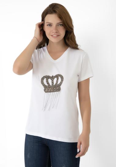 A&B FASHION DESIGN Taşlı Taç Desenli Beyaz T-shirt