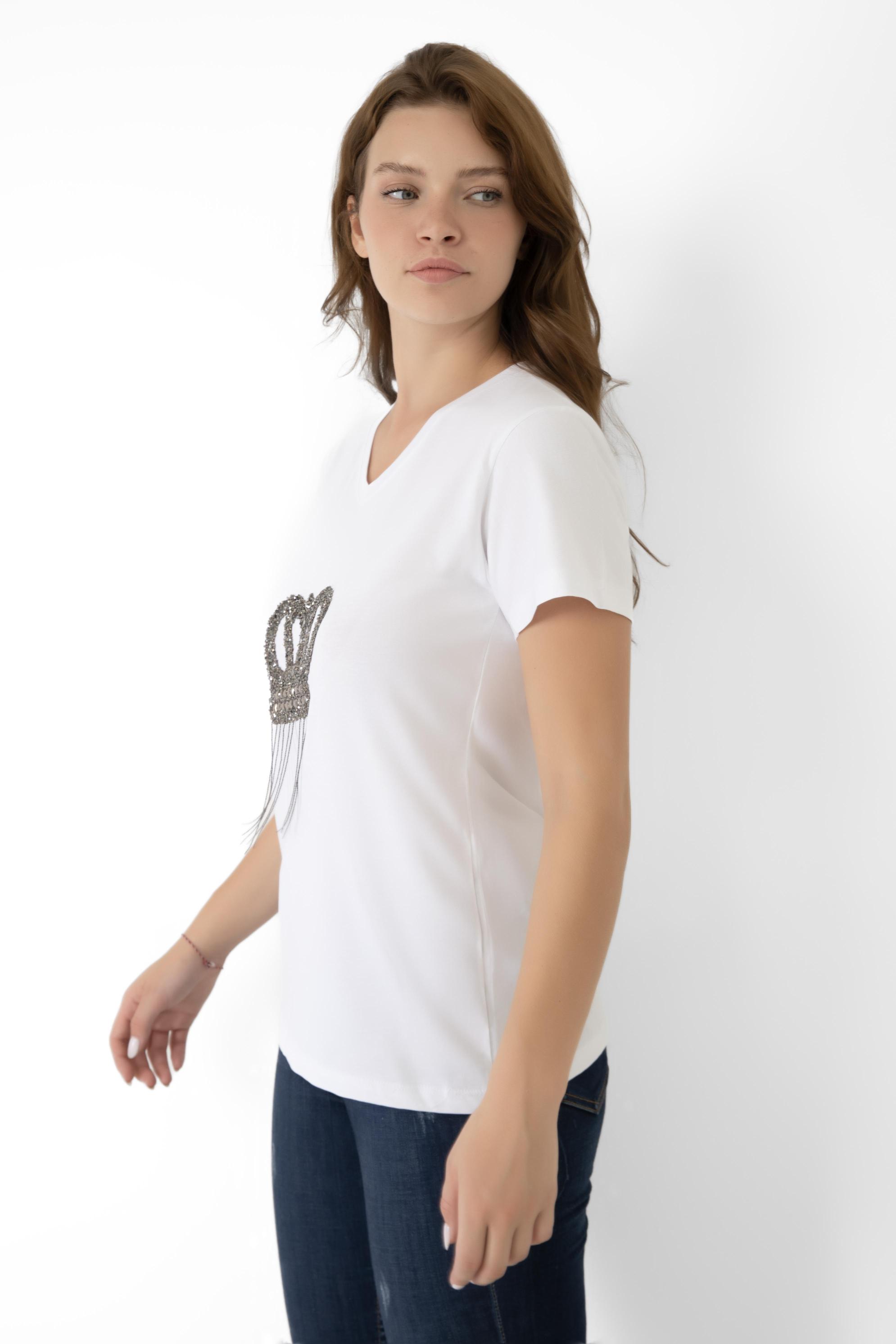 A&B%20FASHION%20DESIGN%20Taşlı%20Taç%20Desenli%20Beyaz%20T-shirt